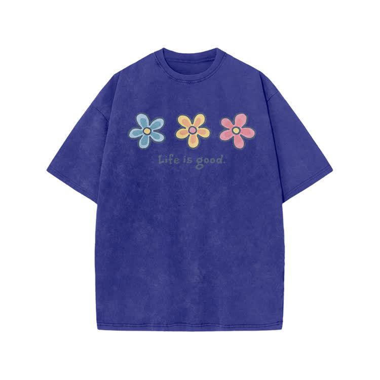 Sunny Bloom Life Is Good Print Acid Washed T-shirt - Blue - US20-22(3XL) - image 6