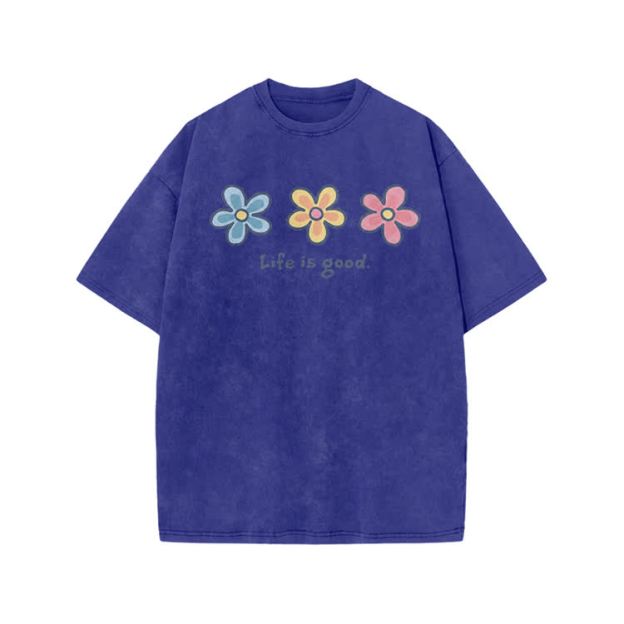 Sunny Bloom Life Is Good Print Acid Washed T-shirt - Blue - US20-22(3XL) - image 6