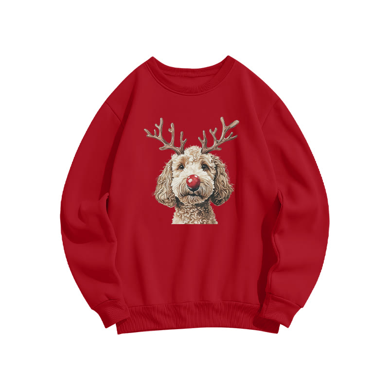 Cream-colored Poodle With Deer Antlers Print Sweatshirt - Red - US16-18(2XL) - image 7