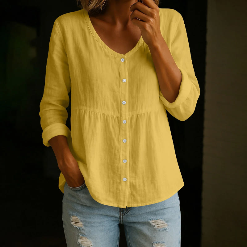 Cozy Solid Button V-neck A-line Long Sleeve Blouse - Yellow - 4XL - image 10