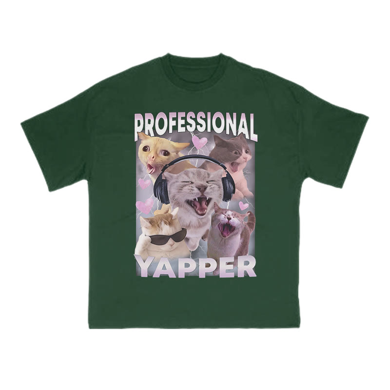 Unisex 100% Cotton Professional Yapper Cat Print T-shirt - Dark Green - US16-18(2XL) - image 8