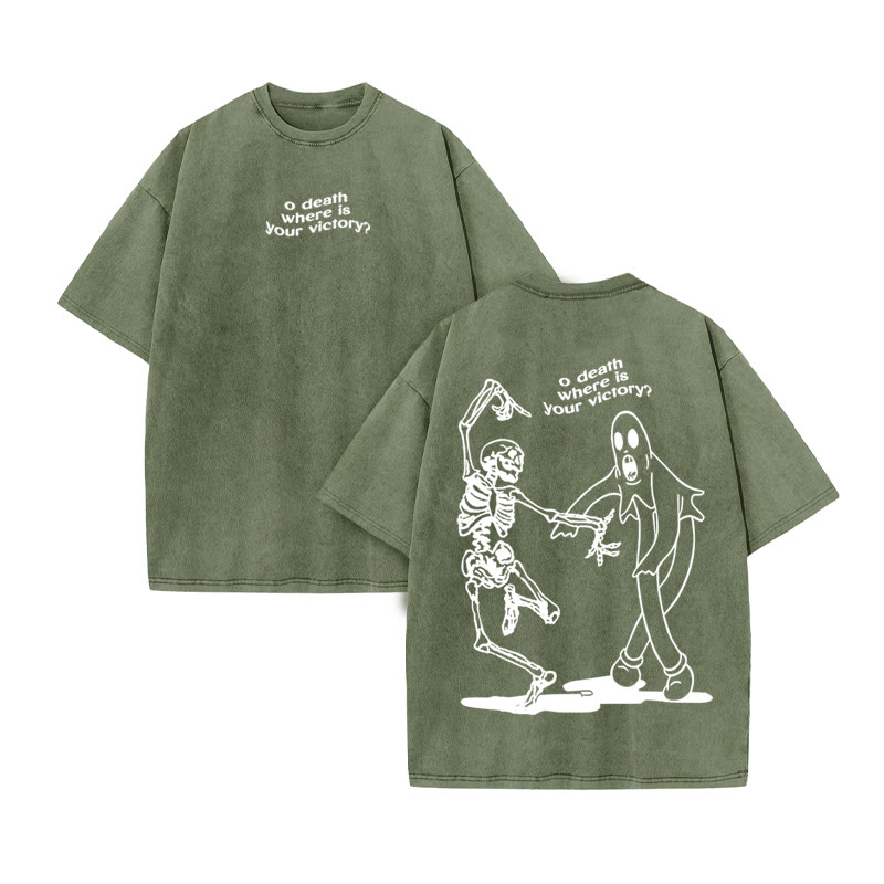 Unisex O Death Where Is Your Victory Print Acid Washed T-shirt - Army Green - US20-22(3XL) - image 7