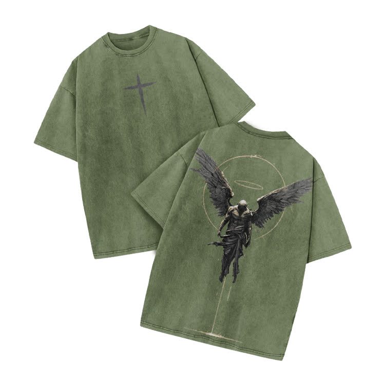 Vintage Angel Halo Graphic Print Acid Washed T-shirt - Army Green - US20-22(3XL) - image 6