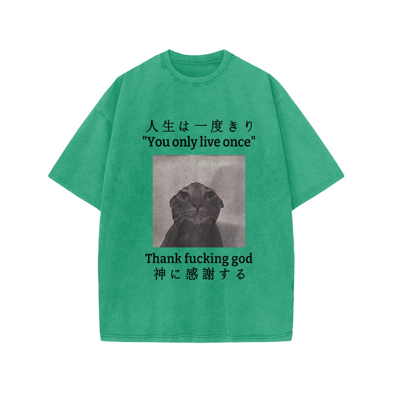 Unisex 100% Cotton Funny Melancholy Cat Print Acid Washed T-shirt