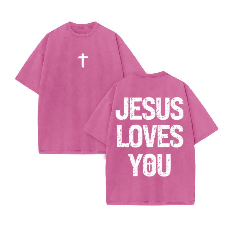 Unisex 100% Cotton JESUS LOVES YOU Mottled Font Print Acid Washed T-shirt - Pink - US20-22(3XL) - image 8