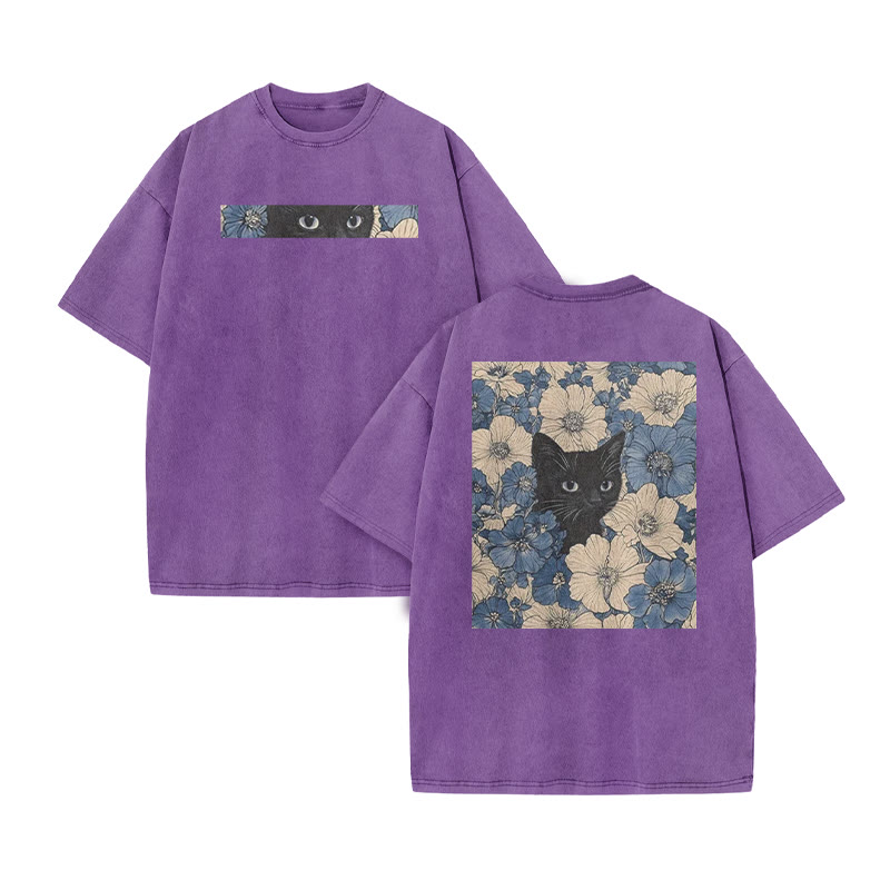 Black Cat In A Patchwork Flower Field Print Acid Washed T-shirt - Purple - US20-22(3XL) - image 7