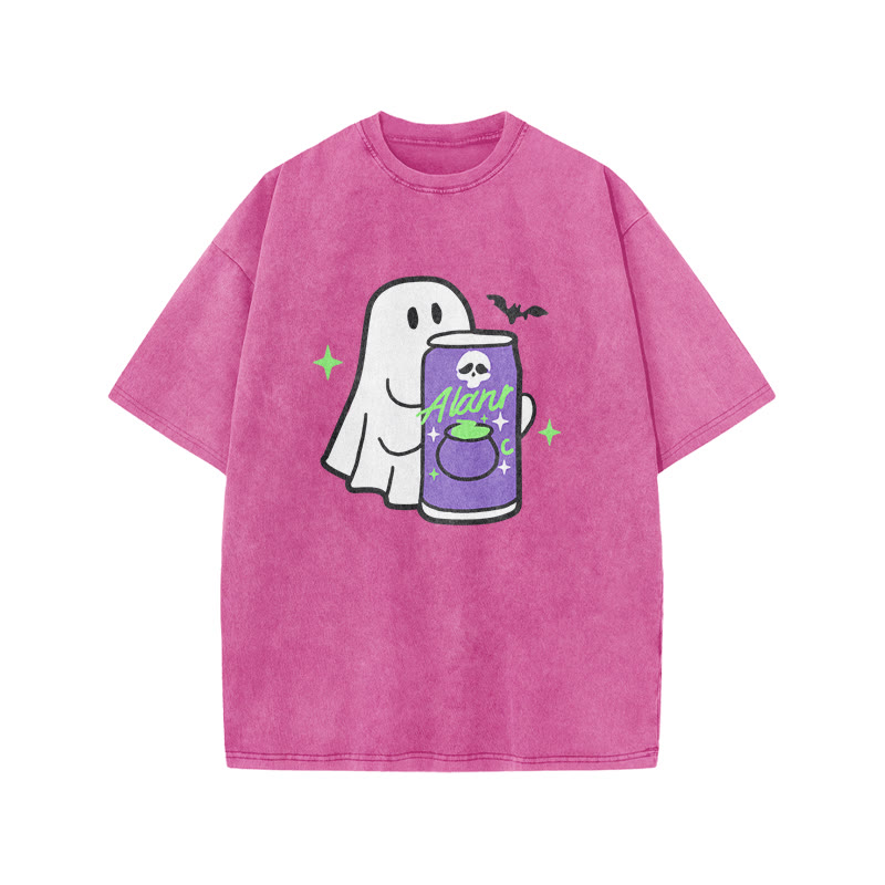 Unisex 100% Cotton Cute Ghost Print Acid Washed T-shirt - Pink - US20-22(3XL) - image 9