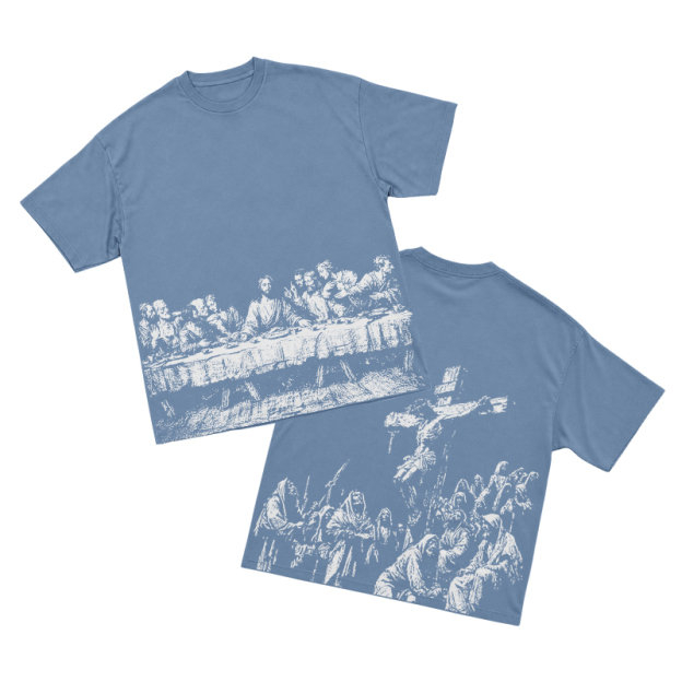 Vintage Artful Ink Wash Style Character Illustration Graphic T-shirt - Dusty Blue - US16-18(2XL) - image 6