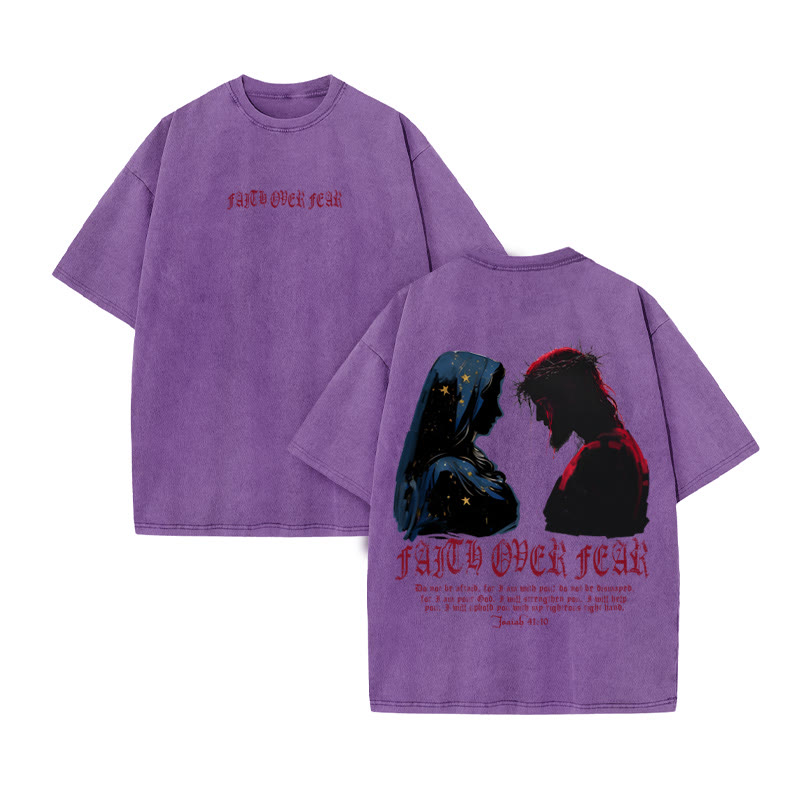 Unisex 100% Cotton FAITH OVER FEAR Print Acid Washed T-shirt