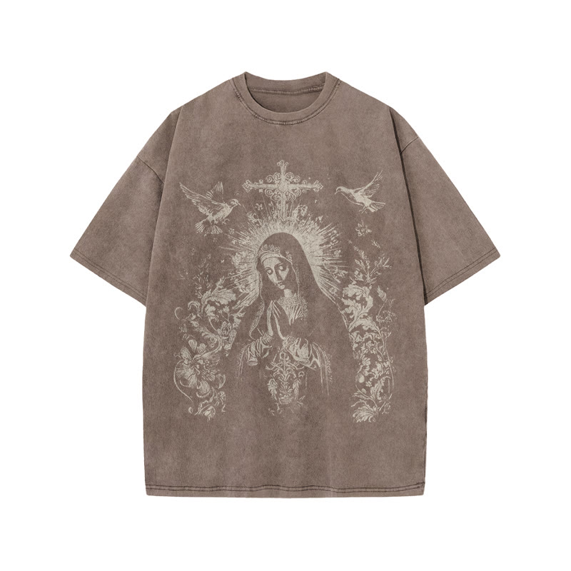 Unisex 100% Cotton Praying Virgin Mary Print Acid Washed T-shirt - Coffee - US20-22(3XL) - image 4