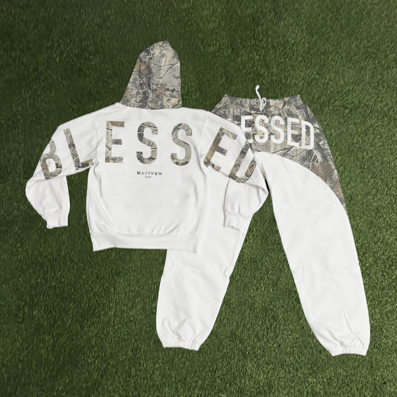 Blessed Dead Leaves Camouflage Print Hoodie Set - White - 8XL - image 4