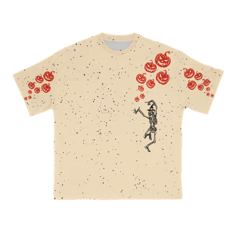 Unisex Dancing Skeleton Pumpkin Halloween Print T-shirt - Apricot - 8XL - image 5