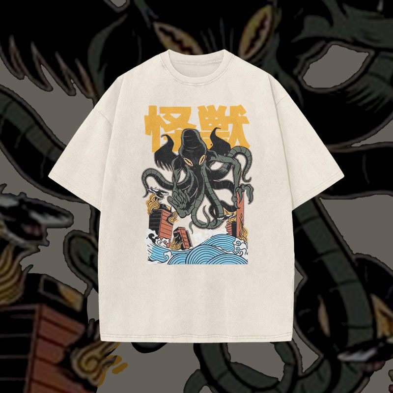 Unisex 100% Cotton Japanese Octopus Monster Print Acid Washed T-shirt