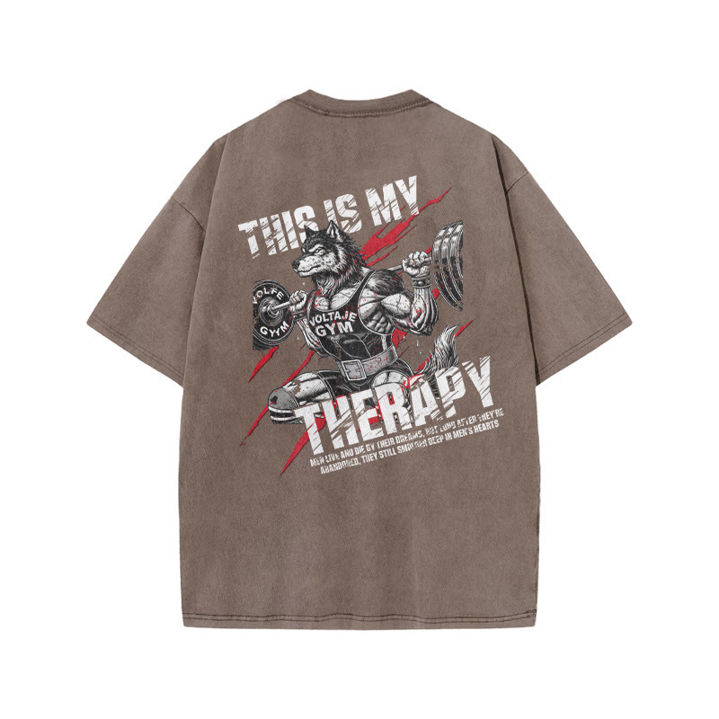 100% Cotton This Is My Therapy Gym Print Acid Washed T-shirt - Coffee - US20-22(3XL) - image 5