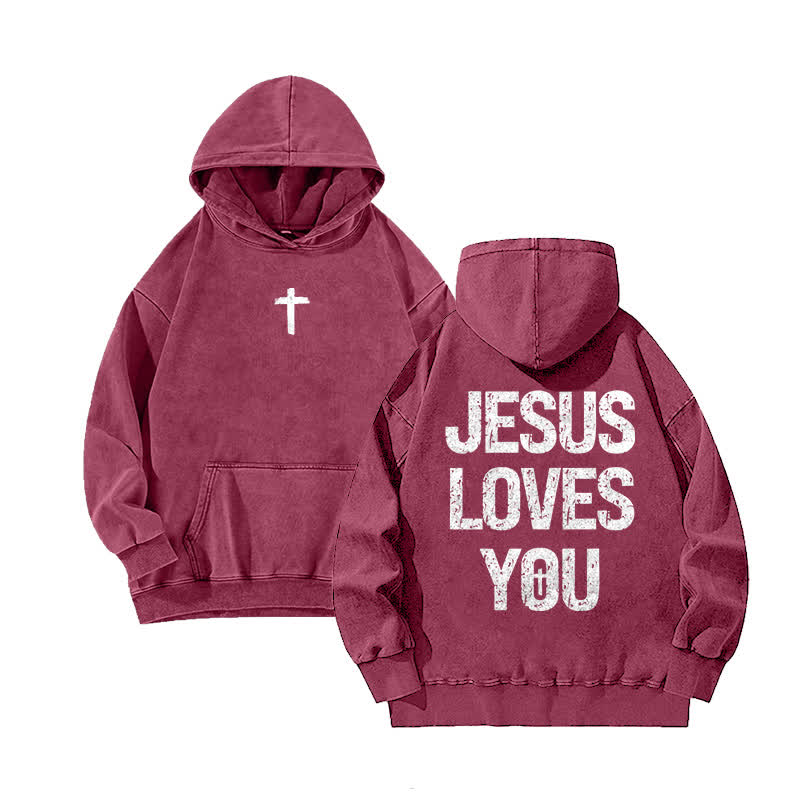 Unisex 100% Cotton Jesus Loves You Printed Washed Hoodie  - Rose - 3XL - image 6