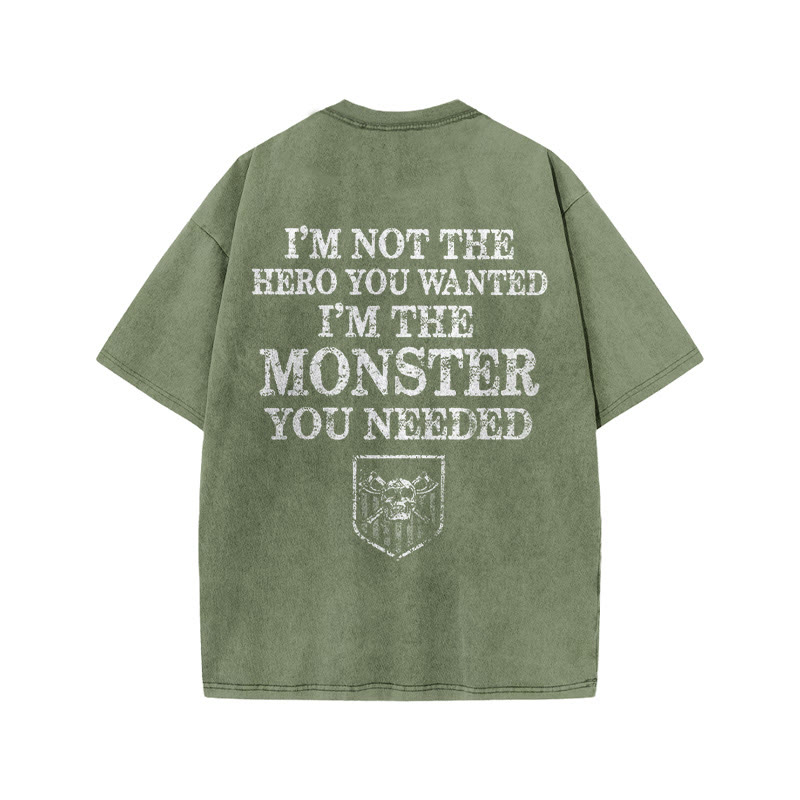 100% Cotton I'm The Monster You Needed Gym Print Acid Washed T-shirt - Army Green - US20-22(3XL) - image 6