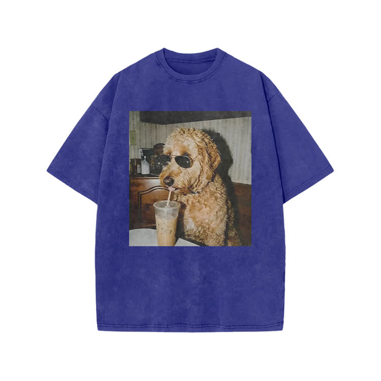 Playful Dog Photo Print Acid Washed T-shirt - Blue - US20-22(3XL) - image 5