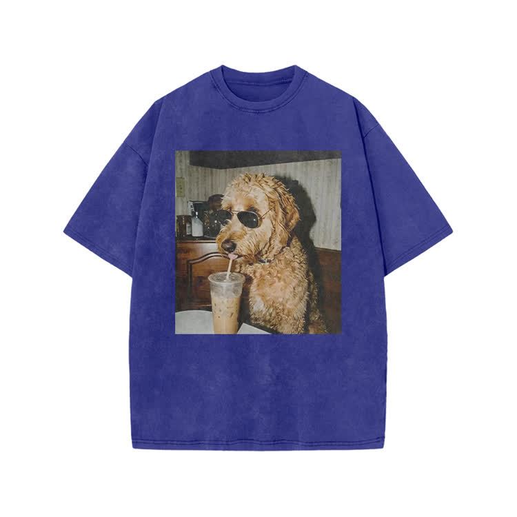 Playful Dog Photo Print Acid Washed T-shirt - Blue - US20-22(3XL) - image 5