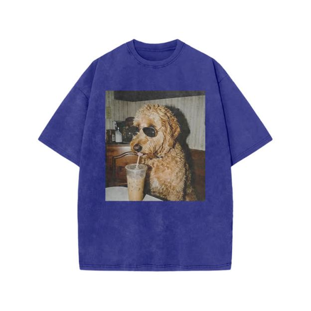 Playful Dog Photo Print Acid Washed T-shirt - Blue - US20-22(3XL) - image 5