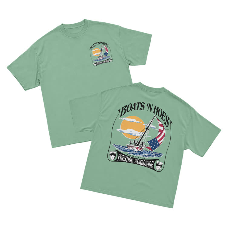 Vintage Sail Sunset Graphic Crew Neck T-Shirt - Light Green - US16-18(2XL) - image 10