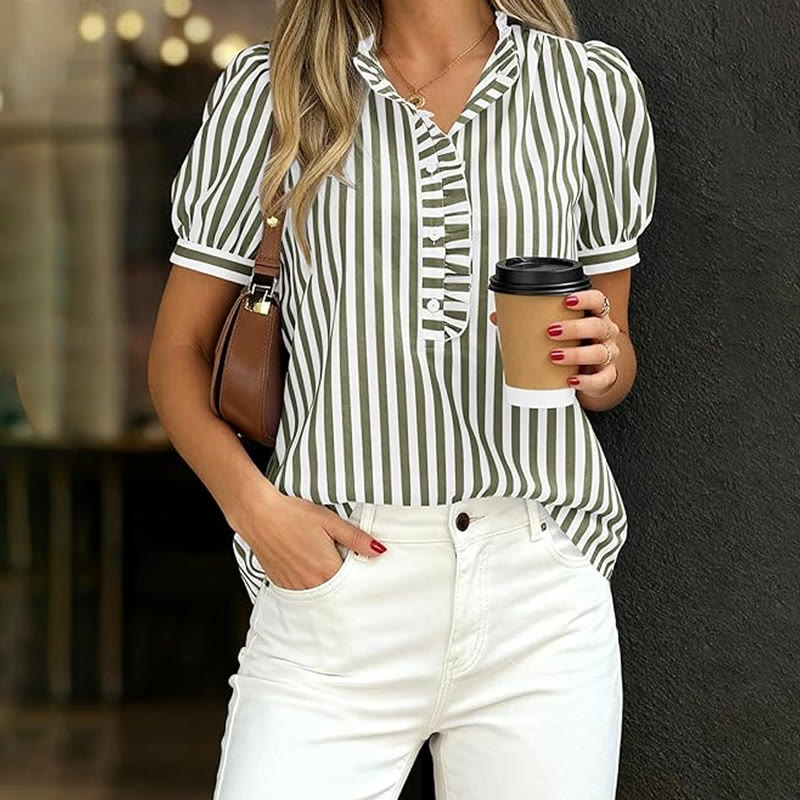 Elegant Plaids And Stripes Ruffled Half-placket Puff-sleeve Shirt - Army Green - 2XL - image 6