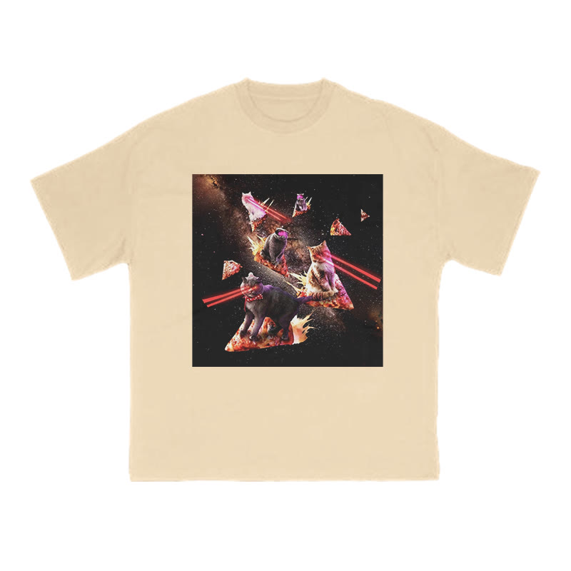 Unisex 100% Cotton Cats Driving Pizza Spaceships Print T-shirt - Apricot - US16-18(2XL) - image 5