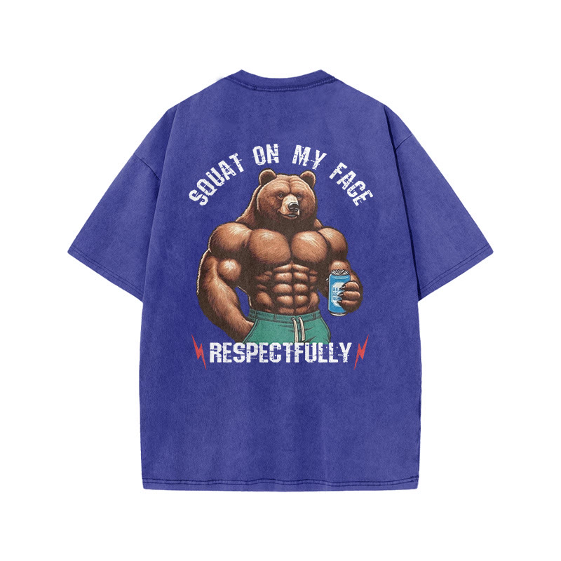 100% Cotton Squat On My Face Respectfully Gym Print Acid Washed T-shirt - Blue - US20-22(3XL) - image 9