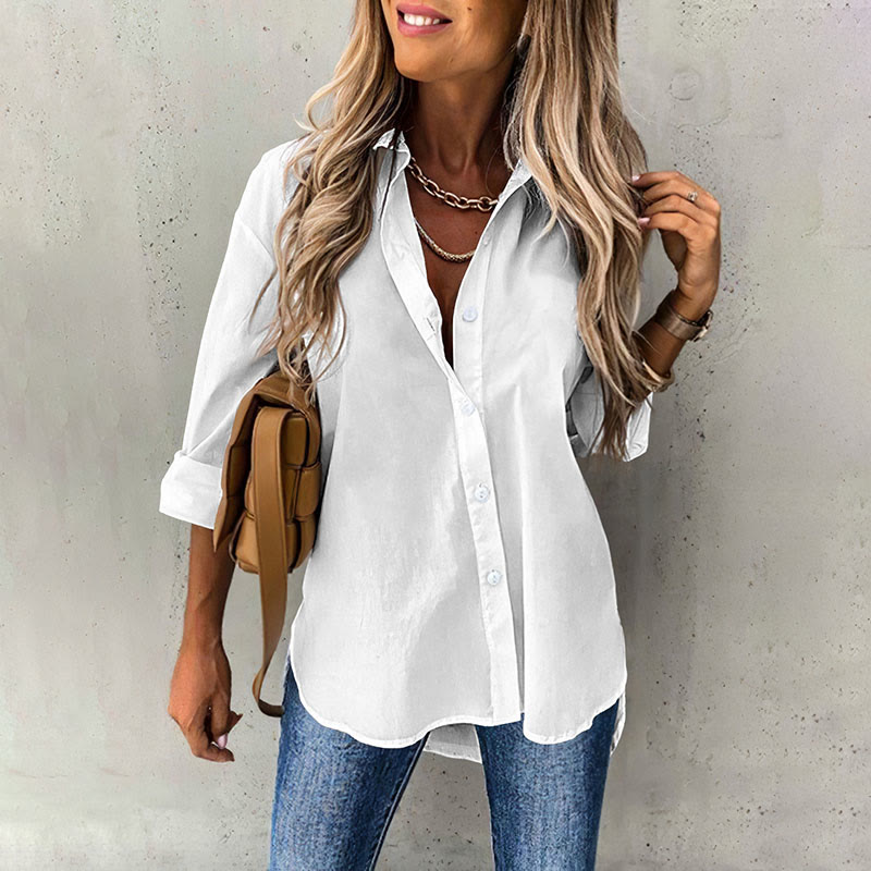 Women's Fashion Simple Solid Color Long Sleeve Shirt - White - 4XL - image 1