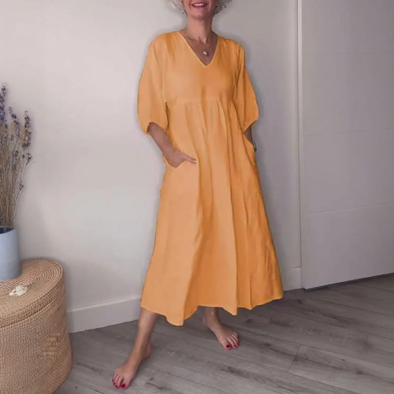  Women's V-neck Solid Color Casual Pocket Dress - Orange - 5XL - image 5