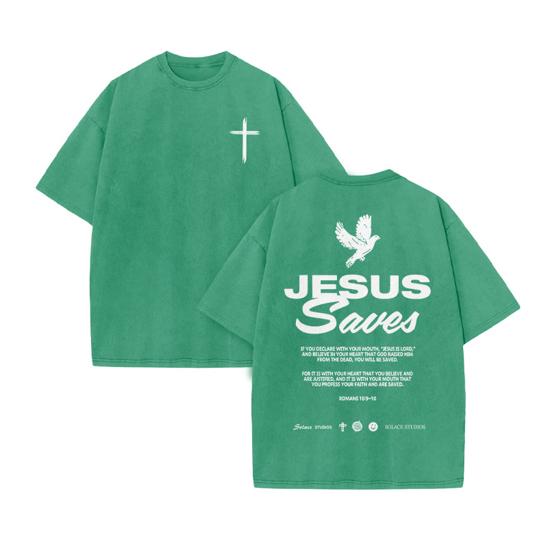 Unisex 100% Cotton Jesus Saves Cross Print Acid Washed T-shirt - Green - US20-22(3XL) - image 10