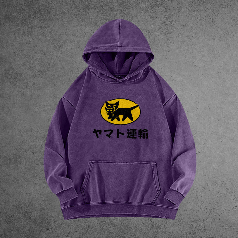 Unisex 100% Cotton TA-Q-BIN Cat Vintage printed Washed Hoodie 