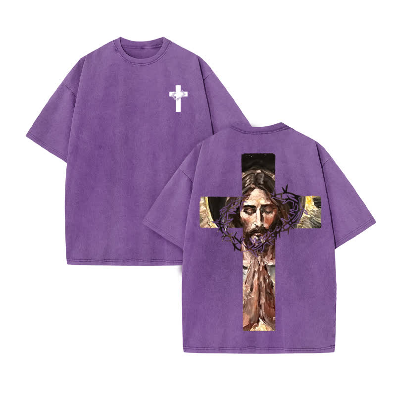 Unisex 100% Cotton Jesus On The Cross Oil Painting Print Acid Washed T-shirt - Purple - US20-22(3XL) - image 9