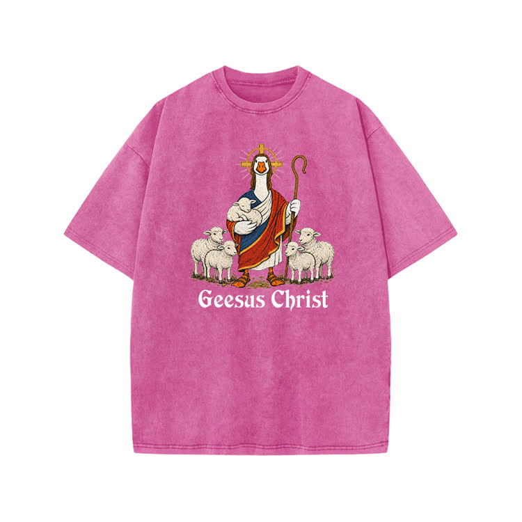 Vintage Geesus Christ Sheep Graphic Print Acid Washed T-shirt - Pink - US20-22(3XL) - image 7