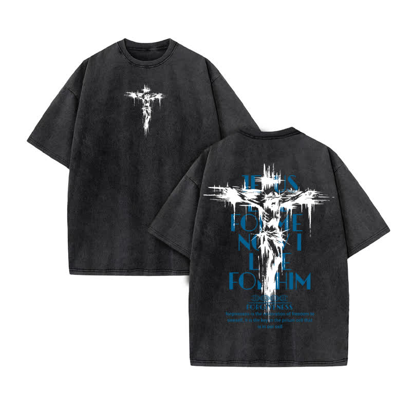 Unisex 100% Cotton Jesus Forgiveness Print Acid Washed T-shirt - Black - US20-22(3XL) - image 3