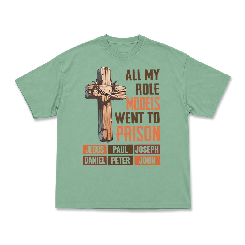 Cross and All My Role Models Went to Prison Statement Graphic T-Shirt - Light Green - US16-18(2XL) - image 7