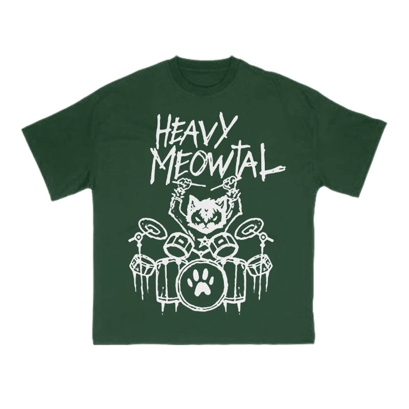 Unisex 100% Cotton Heavy Meowtal Print T-shirt - Dark Green - US16-18(2XL) - image 9