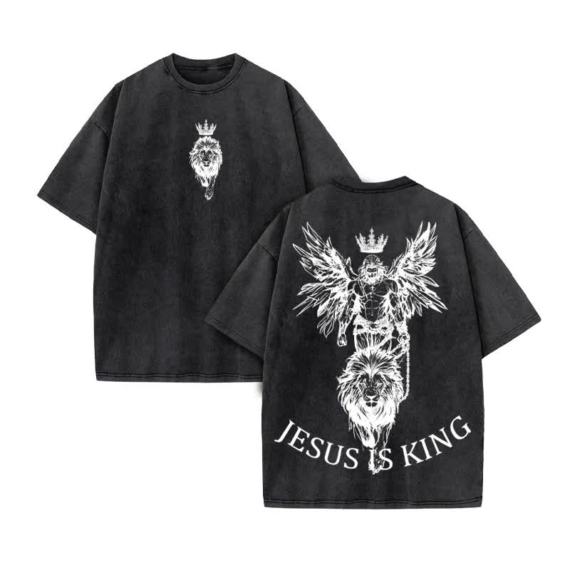 Unisex 100% Cotton JESUS IS KING Print Acid Washed T-shirt - Black - US20-22(3XL) - image 3