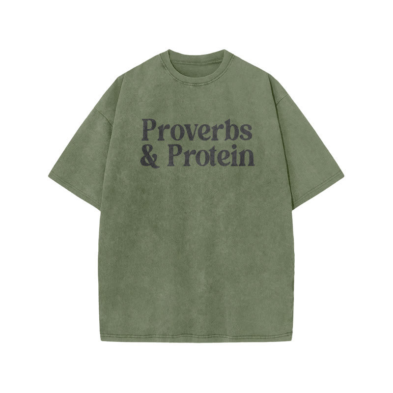 Proverbs & Protein Print Acid Washed T-shirt - Army Green - US20-22(3XL) - image 5