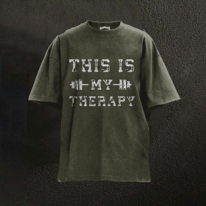 100% Cotton This Is My Therapy Printed Washed Gym T-shirt - Dark Green - 2XL - image 5