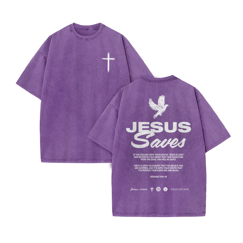 Unisex 100% Cotton Jesus Saves Cross Print Acid Washed T-shirt - Purple - US20-22(3XL) - image 8