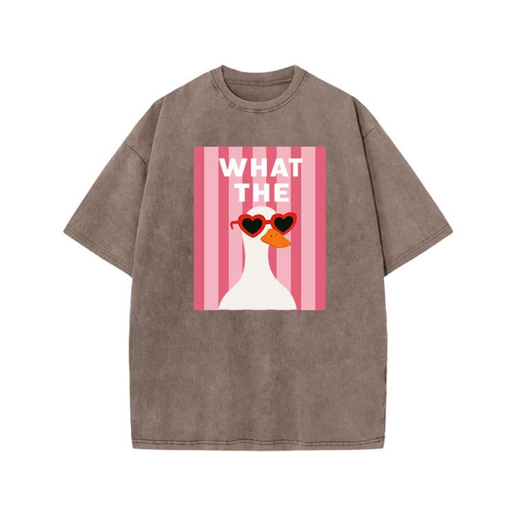 Playful What The Duck Graphic Print Acid Washed T-shirt - Coffee - US20-22(3XL) - image 4