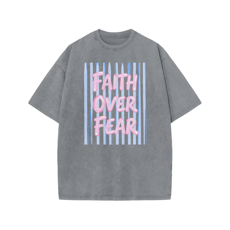 Faith Over Fear Stripe Print Acid Washed T-shirt - Grey - US20-22(3XL) - image 4