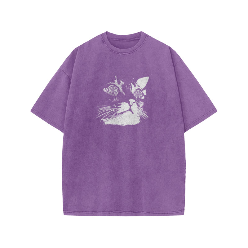 Unisex 100% Cotton Hypnotic Cat Print Acid Washed T-shirt - Purple - US20-22(3XL) - image 9