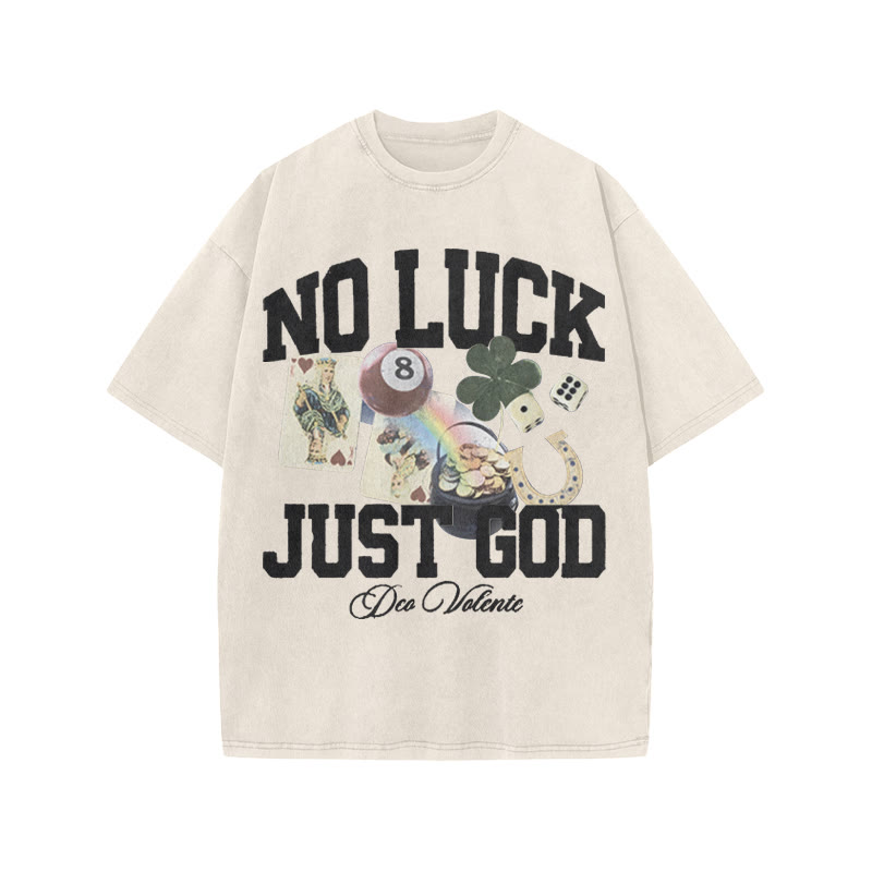 No Luck Just God Print Acid Washed T-shirt - Beige - US20-22(3XL) - image 3