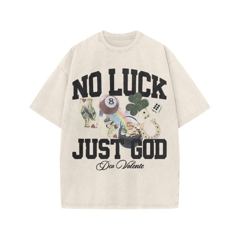 No Luck Just God Print Acid Washed T-shirt - Beige - US20-22(3XL) - image 3