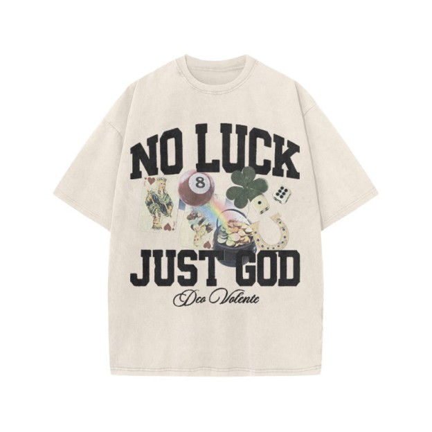 No Luck Just God Print Acid Washed T-shirt - Beige - US20-22(3XL) - image 3