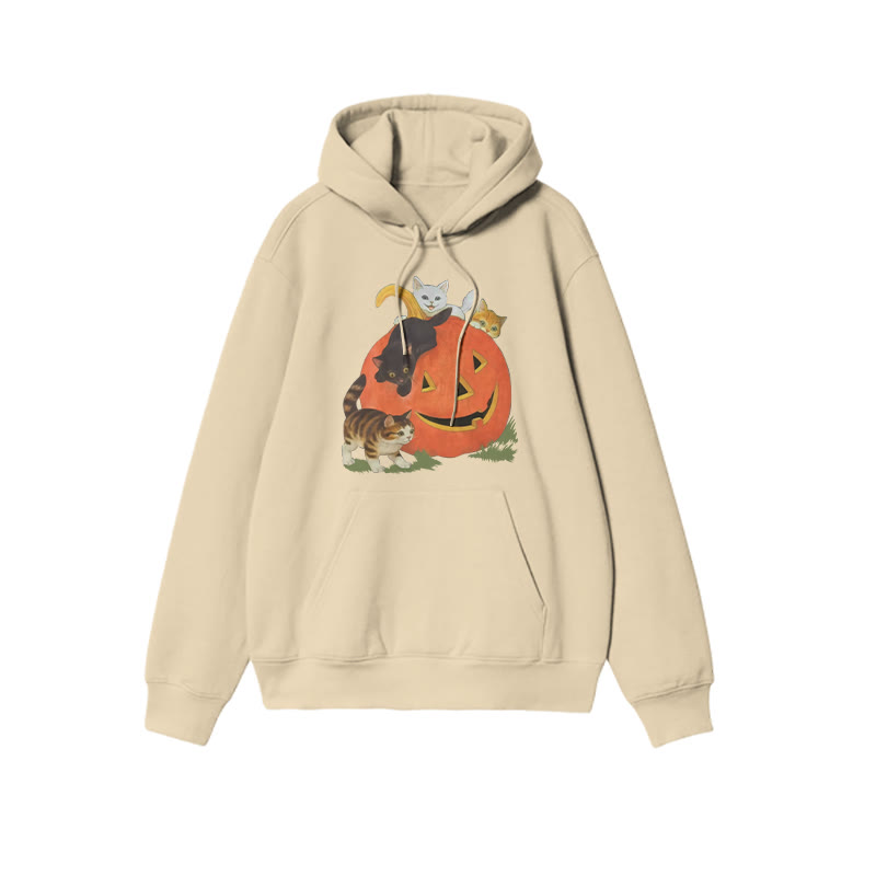 Unisex Cats Playing On Pumpkins Halloween Print Hoodie - Apricot - US16-18(2XL) - image 5