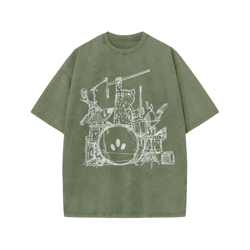 Unisex 100% Cotton Rock Cat Print Acid Washed T-shirt - Army Green - US20-22(3XL) - image 5