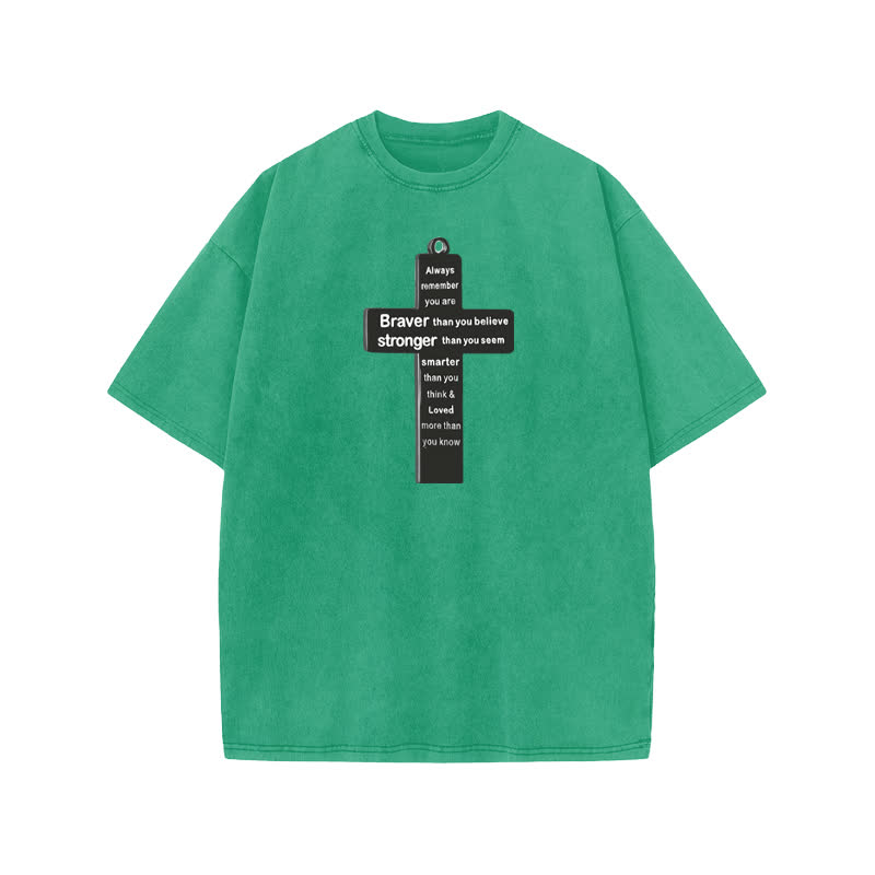 Unisex 100% Cotton Cross Necklace Print Acid Washed T-shirt - Green - US20-22(3XL) - image 6