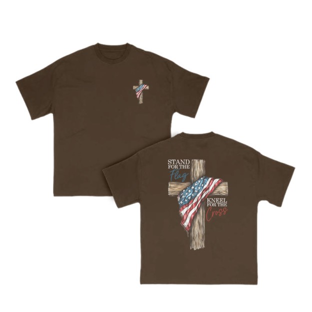 Unisex 100% Cotton Stand For The Flag Kneel For The Cross Print T-shirt - Coffee - US16-18(2XL) - image 7